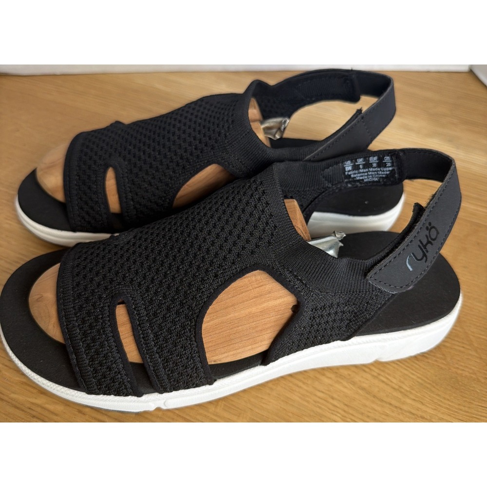 Ryka Black Knit Slingback Sandals with White Sole
